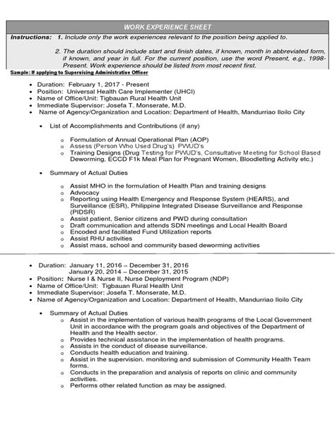 work experience sheet sample.